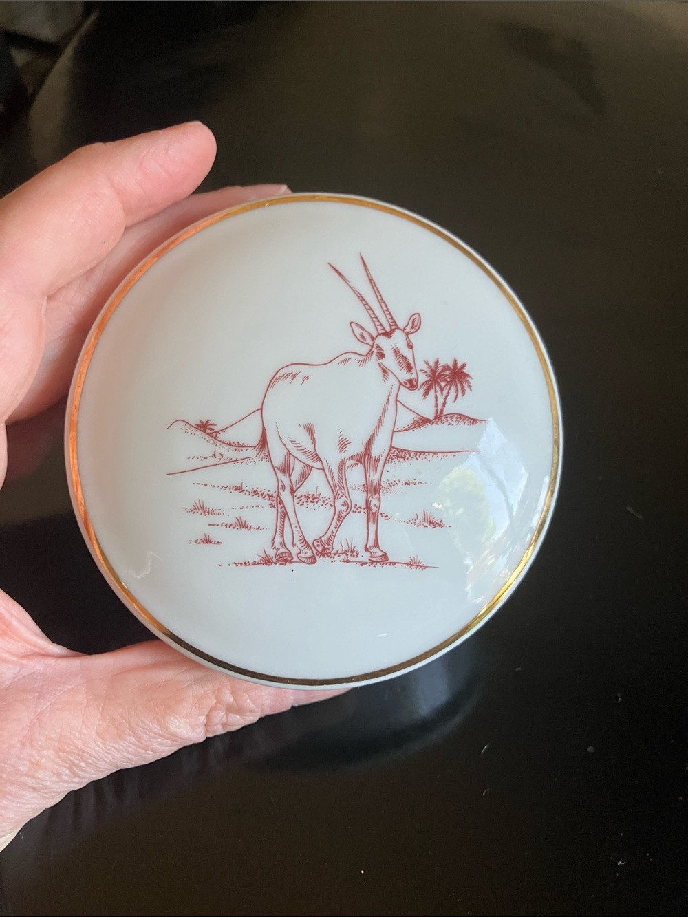 Limoges White Porcelain Trinket Dish with Red Oryx Illustration and Gold Trim